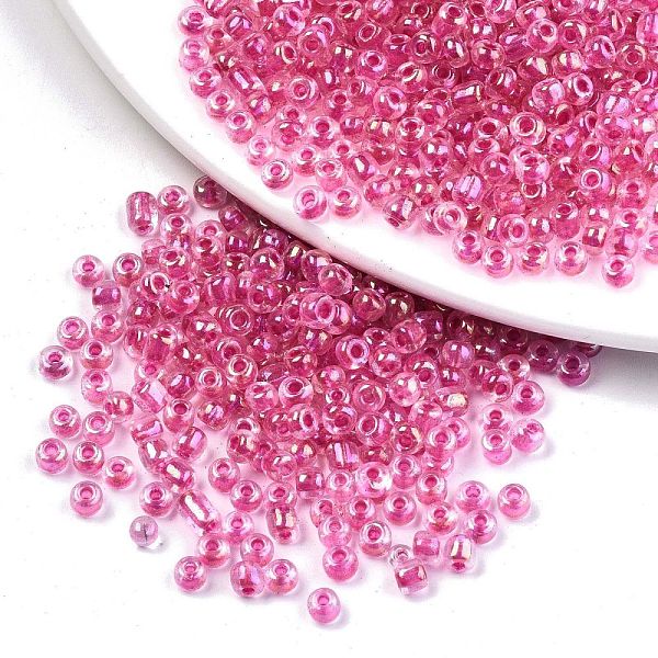 

PandaHall 8/0 Glass Seed Beads, Inside Colours, Round Hole, Round, Transparent Colours Rainbow, Camellia, 8/0, 3~4x2~3mm, Hole: 0.8mm, about..., Pink