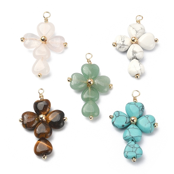 

PandaHall Gemstone Pendants, Cross Charms with Real 18K Gold Plated Eco-Friendly Copper Wire Wrapped, 39~41x25~27x6~7mm, Hole: 2~3mm Mixed...