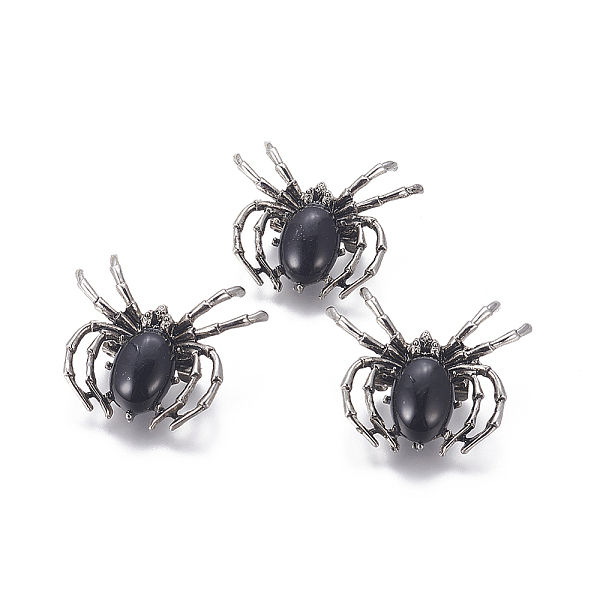 

PandaHall Natural Black Agate Brooch, with Alloy Findings and Glass, Spider, Antique Silver, 34~35x41~42x7mm, Hole: 3x5mm Black Agate
