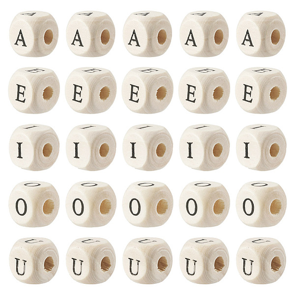 

PandaHall Kissitty 250Pcs 5 Styles Printed Natural Schima Wood Beads, Horizontal Hole, Cube with Initial Letter A, U, I, O, U, Lead Free..., Orange