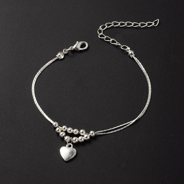 PandaHall Tibetan Style Heart Charm Anklets, with Iron Beads, Brass Coreana Chains and Brass Lobster Claw Clasps, Silver Color Plated, 9...