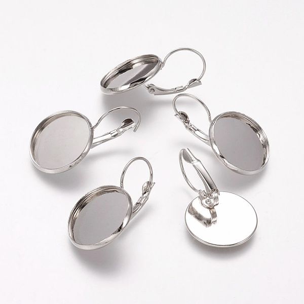 PandaHall Brass Leverback Earring Findings, Round, Platinum, 20mm wide, 32mm long, Tray: 18mm, Pin: 0.8mm Brass