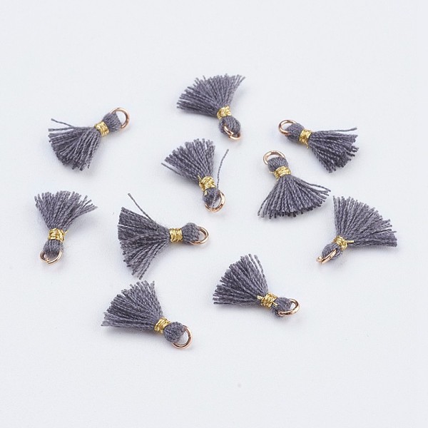

PandaHall Nylon Tassels Pendant Decorations, Mini Tassel, with Golden Tone Iron Findings, Gray, 10.5~14.5x2.5~3mm, Hole: 2mm Nylon Gray