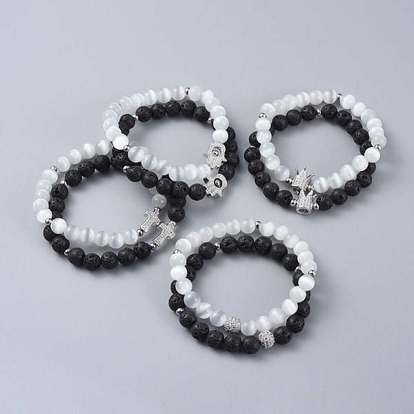 

PandaHall Stretch Bracelet Sets, with Cat Eye Round Beads, Natural Lava Rock Round Beads, Brass Cubic Zirconia Beads and 304 Stainless Steel..., White