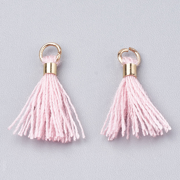 

PandaHall Polycotton(Polyester Cotton) Tassel Pendant Decorations, Mini Tassel, with Brass Findings, Light Gold, Pearl Pink, 10~15x3~4mm...