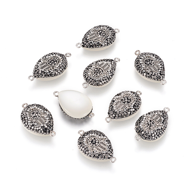 

PandaHall Cat Eye Links connectors, with Polymer Clay Rhinestone and Brass Findings, teardrop, with Hamsa Hand/Hand of Fatima/Hand of Miriam..., White