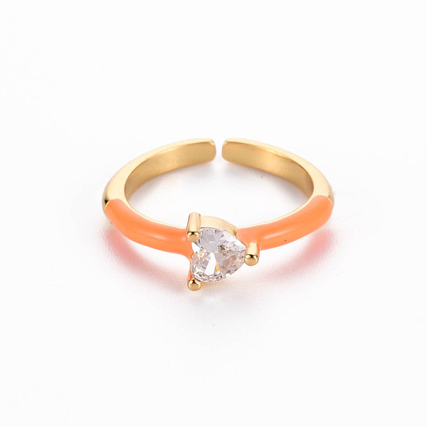 

PandaHall Brass Enamel Cuff Rings, Open Rings, Solitaire Rings, with Clear Cubic Zirconia, Nickel Free, Heart, Golden, Dark Orange, US Size...