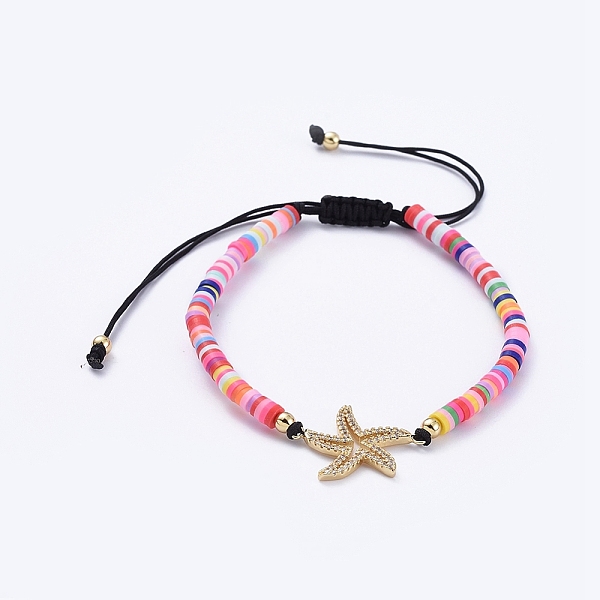 

PandaHall Adjustable Braided Bead Bracelets, with Handmade Polymer Clay Heishi Beads, Brass Micro Pave Clear Cubic Zirconia Links and Round...
