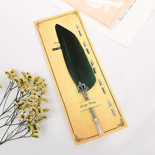 

PandaHall Turkey Feather Dipped Pen, with Alloy Pen Tip & Replacement Tips, for Teacher's Day, Dark Slate Gray, 285mm Feather Feather