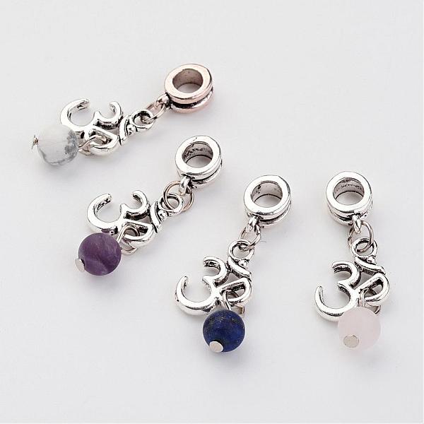 

PandaHall Natural Gemstone European Dangle Charms, with Alloy Om Symbol Pendants, Antique Silver, 34mm, Hole: 5mm Mixed Stone