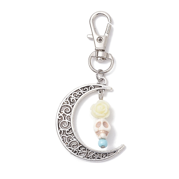 

PandaHall Skull Synthetic Turquoise & Resin Pendants Decorations, Alloy Hollow Moon & Swivel Clasp Charm for Bag Ornaments, White, 74mm...