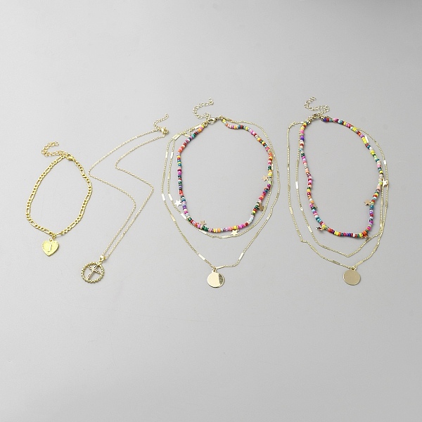 

PandaHall Heart & Cross & Flat Round Alloy Jewelry Set with Cubic Zirconia, Charm Bracelet & Triple Layer Necklace with Glass Seed Chains...
