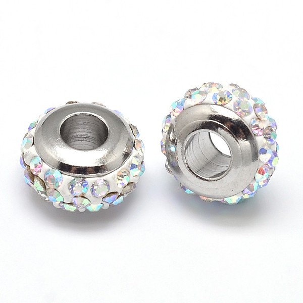 

PandaHall Rondelle 304 Stainless Steel Polymer Clay Rhinestone European Beads, with Double Side Platinum Color Core, Stainless Steel Color..., White