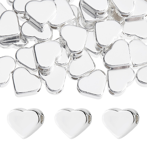 PandaHall 66Pcs Brass Beads, Heart, Silver, 6x7x3mm, Hole: 1.6mm Brass Heart