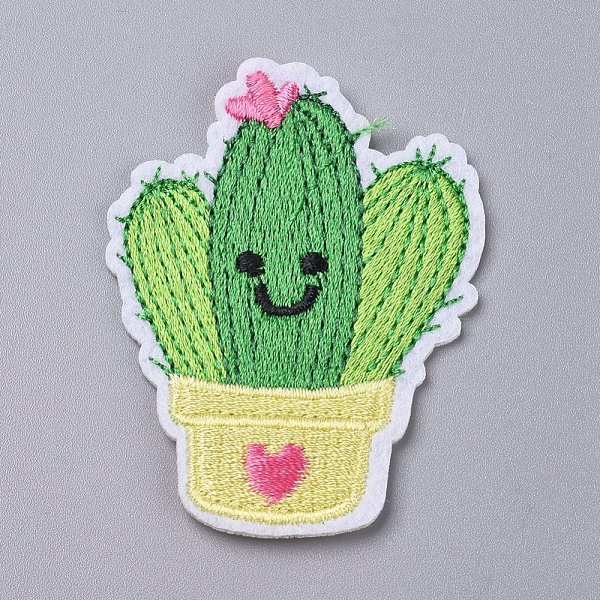 

PandaHall Computerized Embroidery Cloth Iron on/Sew on Patches, Costume Accessories, Appliques, for Backpacks, Clothes, Cactus with Smile..., Green