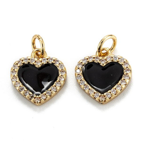 PandaHall Brass Micro Pave Clear Cubic Zirconia Pendants, with Enamel, Real 18K Gold Plated, Long-Lasting Plated, Heart, Black, 12x11x2mm...