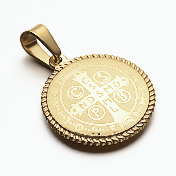 

PandaHall 304 Stainless Steel Flat Round with San Benito Pendants, Golden, 22x19x3mm, Hole: 4mm 304 Stainless Steel Flat Round