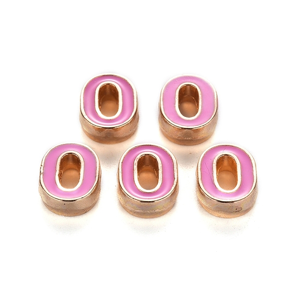 PandaHall Alloy Enamel Beads, Number, Cadmium Free & Lead Free, Light Gold, Hot Pink, Num.0, 10x7.5x3mm, Hole: 1.5mm Alloy+Enamel Number