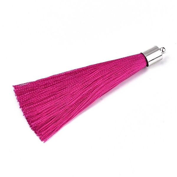 

PandaHall Fiber Tassel Big Pendant Decorations, with Platinum Plated Brass Finding, Fuchsia, 70~73x7~25mm, Hole: 1.8mm Fibre Pink