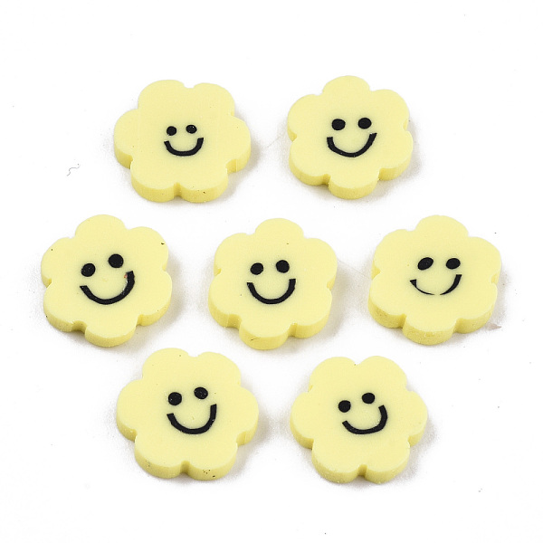 

PandaHall Handmade Polymer Clay Cabochons, Flower with Smile, Yellow, 9~10x9.5~10.5x2mm Polymer Clay Flower Yellow