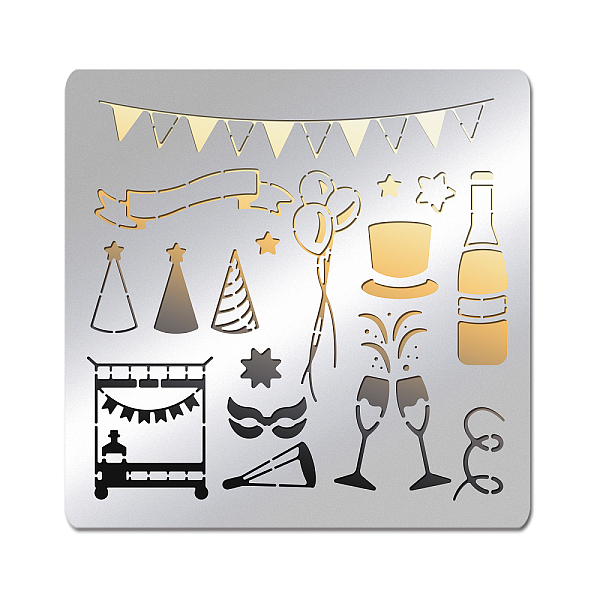 

PandaHall BENECREAT 6x6 inch Party Element Metal Stencil, Top Hat Banner Balloons Pattern Painting Template for Painting, Wood Burning...