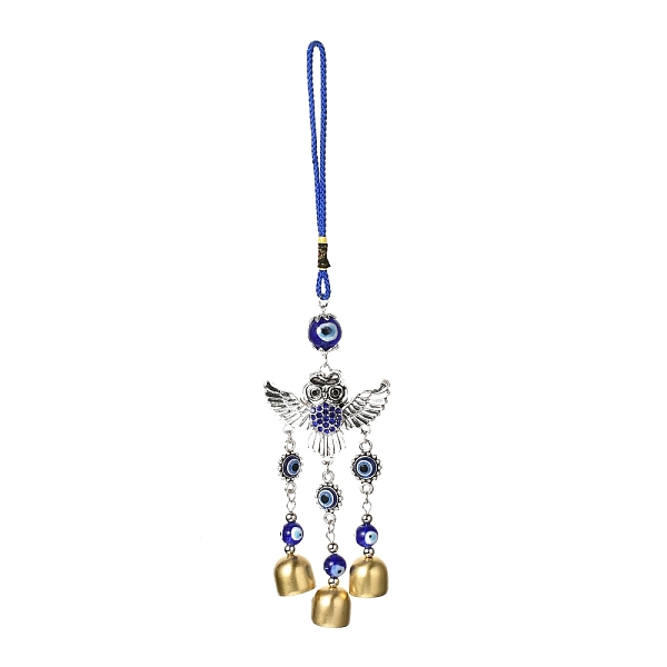 

PandaHall Car Hanging Owl Alloy Glass Rhinestone Wind Chime, with Evil Eye Resin Beads, Polyester Cord, Iron Bell, Antique Silver & Golden..., Blue