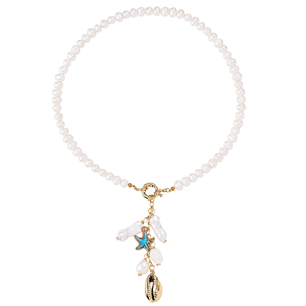 

PandaHall Natural Shell & Starfish Long Drop Pendant Necklace, Natural Pearl Jewelry for Women, Deep Sky Blue, 16.93 inch(43cm) Pearl