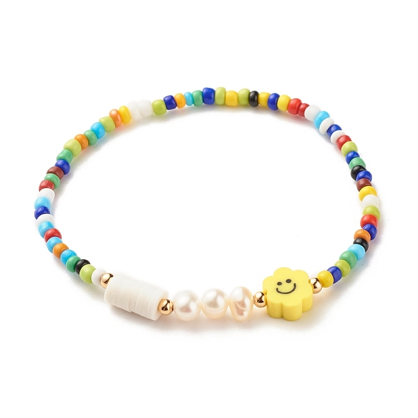

PandaHall Beaded Stretch Bracelets, Polymer Clay Flower Beads, Natural Cultured Freshwater Pearl Beads, Glass Seed Beads, Yellow, 1/8 inch...