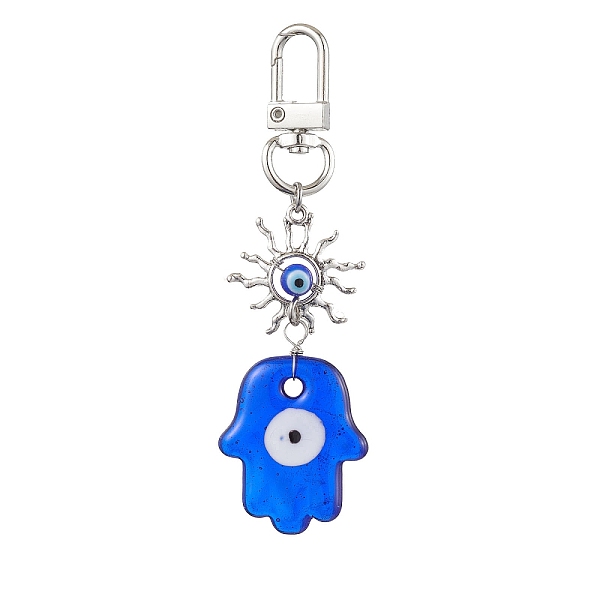 

PandaHall Evil Eye Lampwork Pendant Decorations, Alloy Sun & Swivel Clasps Charms for Bag Ornaments, Hamsa Hand, 95mm, pendant: 60x28x6mm...