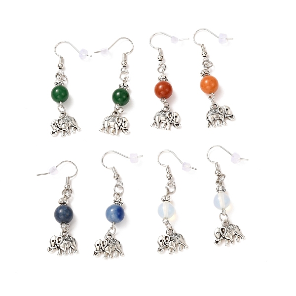 

PandaHall Elephant Tibetan Style Alloy Dangle Earrings for Girl Women, with Natural & Synthetic Gemstone Beads, 50mm, Pin: 0.7mm Mixed Stone