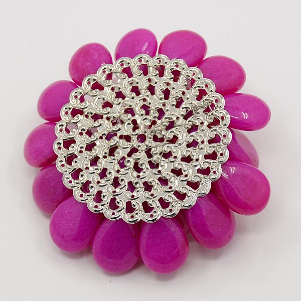 

PandaHall Dyed Jade Cabochons, with Platinum Color Metal Findings, Flower, Camellia, 66x24mm White Jade Flower Pink