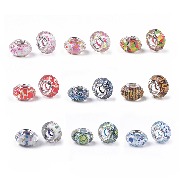 

PandaHall Resin European Beads, Large Hole Beads, with Silver Color Plated Brass Cores, Faceted, Rondelle, Flamingo Pattern, Mixed Color..., Multicolor