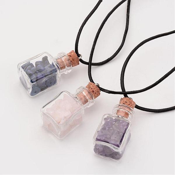 

PandaHall Glass Wishing Bottle Leather Cord Pendant Necklaces, with Natural Gemstone Chip Beads, Cuboid, 18.11 inch Mixed Stone Black