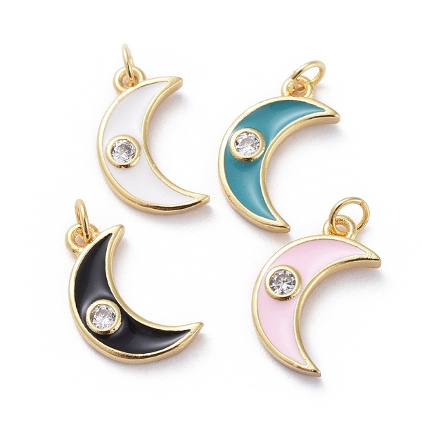 

PandaHall Cubic Zirconia Charms, with Brass Findings and Enamel, Moon, Golden, Mixed Color, 15x9x2mm, Hole: 1.8mm Brass+Cubic..., Multicolor