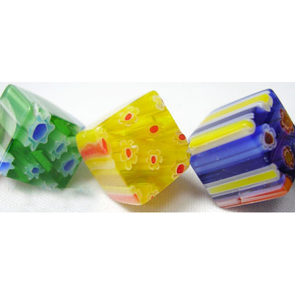 

PandaHall Handmade Millefiori Glass Beads Strands, Cube, Mixed Color, 12~14mm long, 12~14mm wide, 9~11mm thick, hole: 1mm, 26~40pcs/strand..., Multicolor