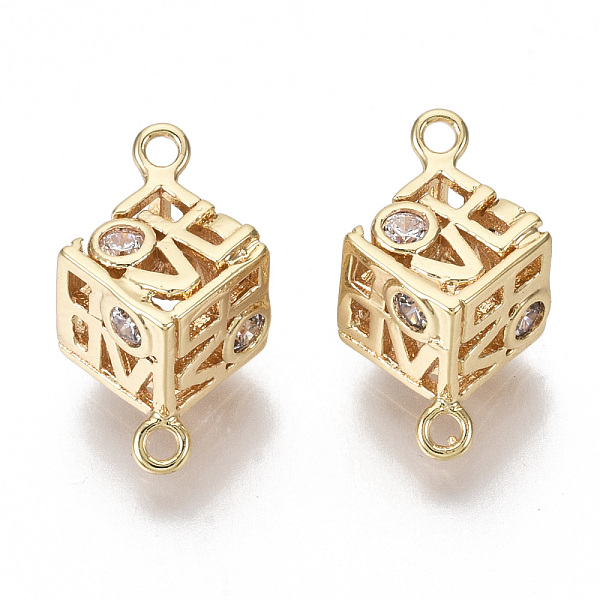 

PandaHall Brass Micro Pave Cubic Zirconia Links Connectors, Hollow, Cube with Word Love, Nickel Free, Clear, Real 18K Gold Plated, 15x10x9mm...