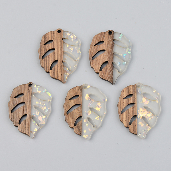 

PandaHall Transparent Resin & Walnut Wood Pendants, with Glitter Paillettes, Leaf, Clear, 37x28x3mm, Hole: 2mm Resin+Wood Leaf Clear