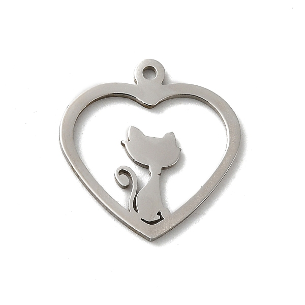 PandaHall 201 Stainless Steel Pendants, Laser Cut, Stainless Steel Color, Heart Charm, Cat Shape, 15x14x1mm, Hole: 1mm 201 Stainless Steel...