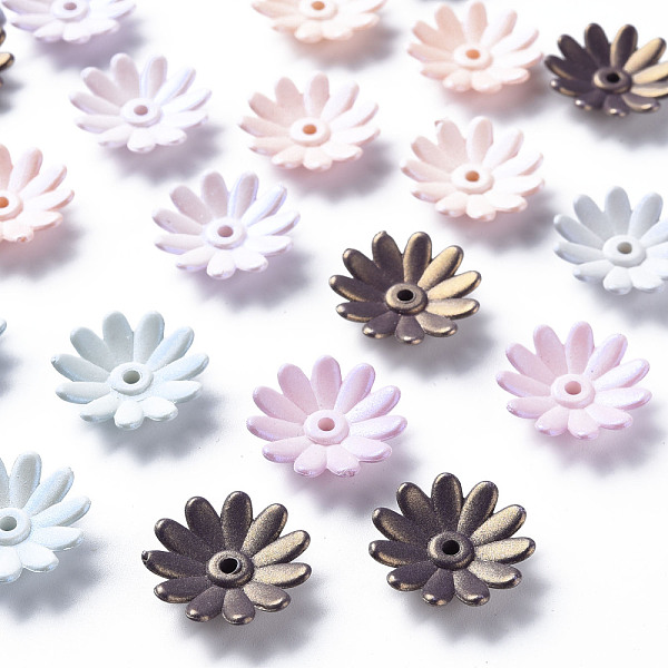

PandaHall 6-Petal Spray Painted Acrylic Bead Caps, Flower, Mixed Color, 18x5mm, Hole: 1.8mm, about 1450pcs/500g Acrylic Multicolor