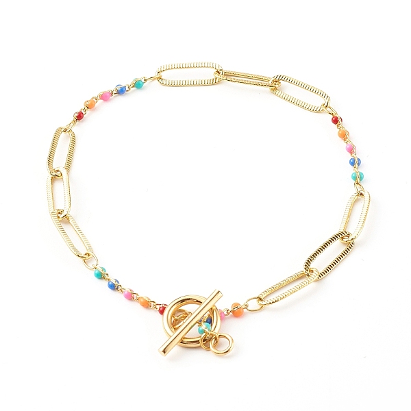 PandaHall Brass Enamel Link Chain Anklets, Textured, with 304 Stainless Steel Toggle Clasps, Colorful, Golden, 9-5/8 inch(24.3cm) Brass