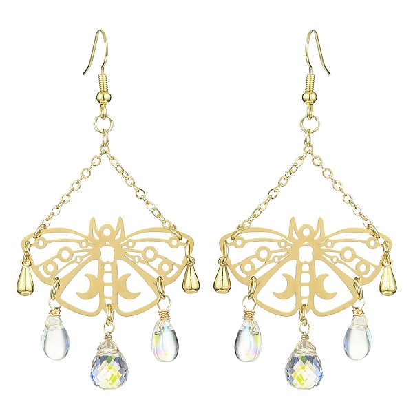 

PandaHall Hollow Butterfly Brass Chandelier Earrings, Glass Long Drop Earrings, Golden, 73x37mm Brass Butterfly