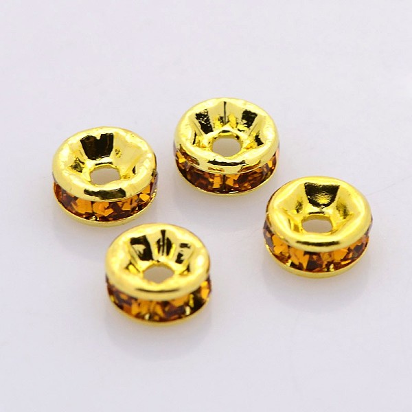 

PandaHall Brass Rhinestone Spacer Beads, Grade A, Straight Flange, Golden Metal Color, Rondelle, Topaz, 6x3mm, Hole: 1mm Brass+Rhinestone..., Yellow