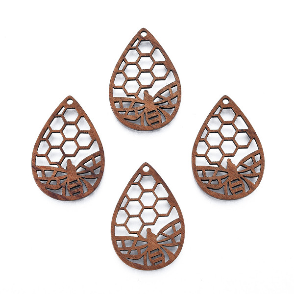 

PandaHall Natural Walnut Wood Pendants, Undyed, Hollow Teardrop Charm with Bees, Camel, 36.5x25x2.5mm, Hole: 2mm Wood Teardrop Brown