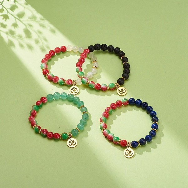 Gemstone & Resin Round Beaded Stretch Bracelet