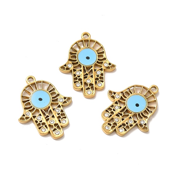 

PandaHall Ion Plating(IP) 304 Stainless Steel Enamel Pendants, with Crystal Rhinestone, Hamsa Hand with Evil Eye, Golden, 25x20x2mm, Hole...