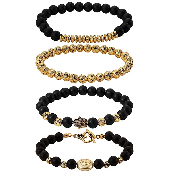 

PandaHall Natural Lava Rock & Synthetic Black Stone Round Beads Energy Stretch Bracelets Set, Lotus Flat Round Alloy Beads Bracelets, Heart...