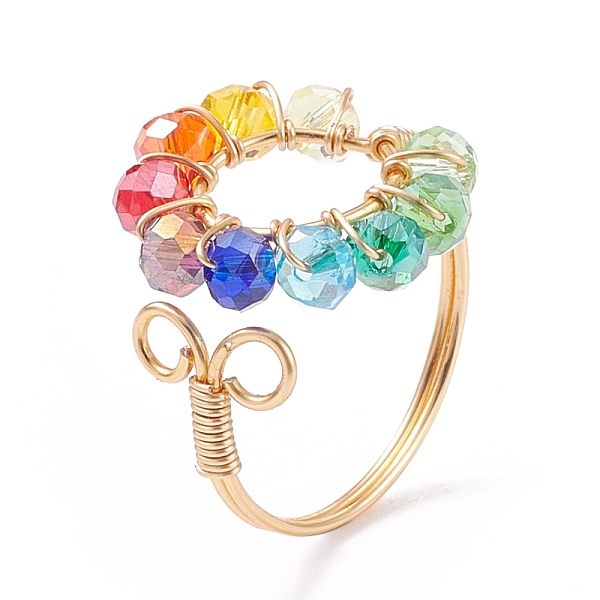 

PandaHall Colorful Glass Braided Ring Open Cuff Ring, Copper Wire Wrap Jewelry for Women, Golden, US Size 8 1/2(18.5mm) Glass