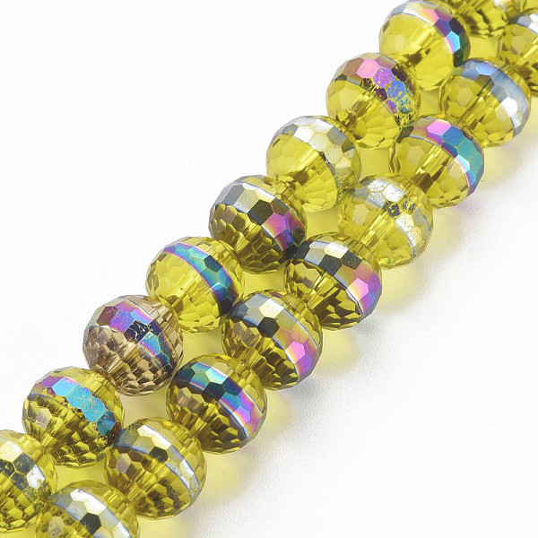 

PandaHall Electroplate Transparent Glass Beads Strands, Rainbow Color Plated, Faceted, Round, Yellow, 10x9.5mm, Hole: 1.4mm, about...