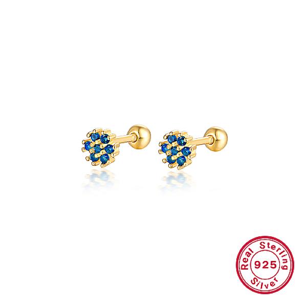 

PandaHall Real 18K Gold Plated 925 Sterling Silver Flower Stud Earrings, with Cubic Zirconia, Dodger Blue, 5mm Sterling Silver Flower
