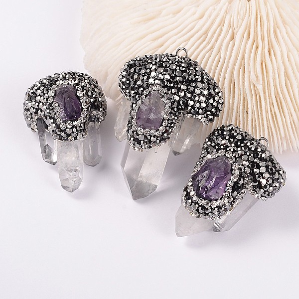 

PandaHall Nuggets Natural Crystal & Amethyst Pendants, with Polymer Clay Rhinestones and Platinum Tone Brass Findings, Size: about 18~40mm..., Multicolor